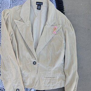 Tan Corduroy Wet Seal Blazer with Pink Broach, Size Large